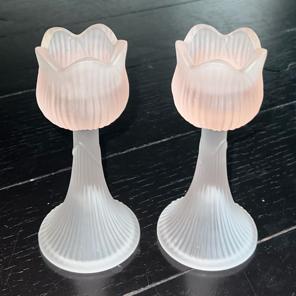 Vintage Pink Tulip Frosted Glass Votive Candle Holders - Set of 2